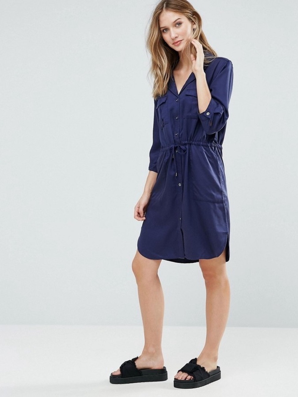 French Connection Blue Button-Front Drawstring Shirt Dress - Picture 2 of 8